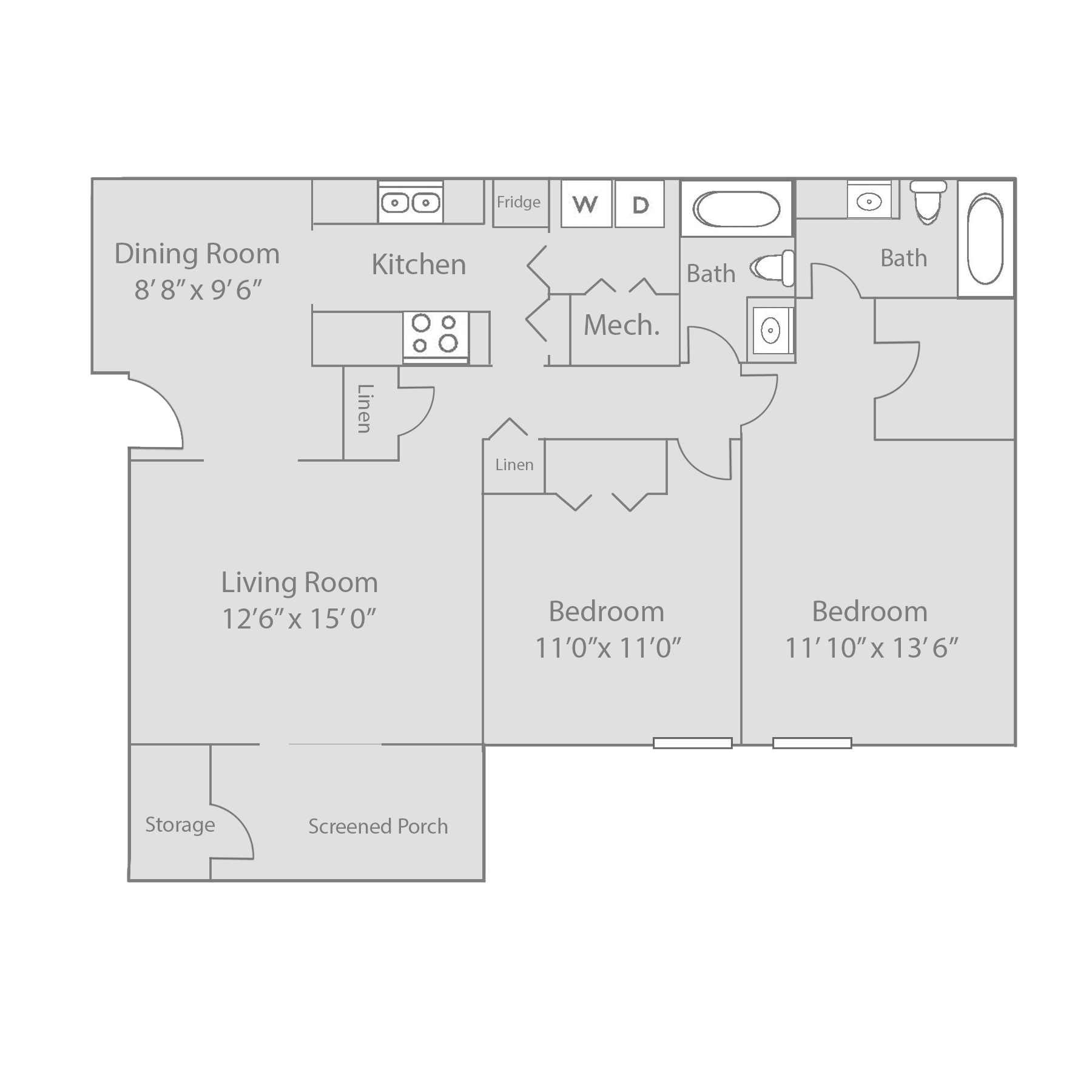 Floor plan for 2 beds, 2 baths, 1136 sqft